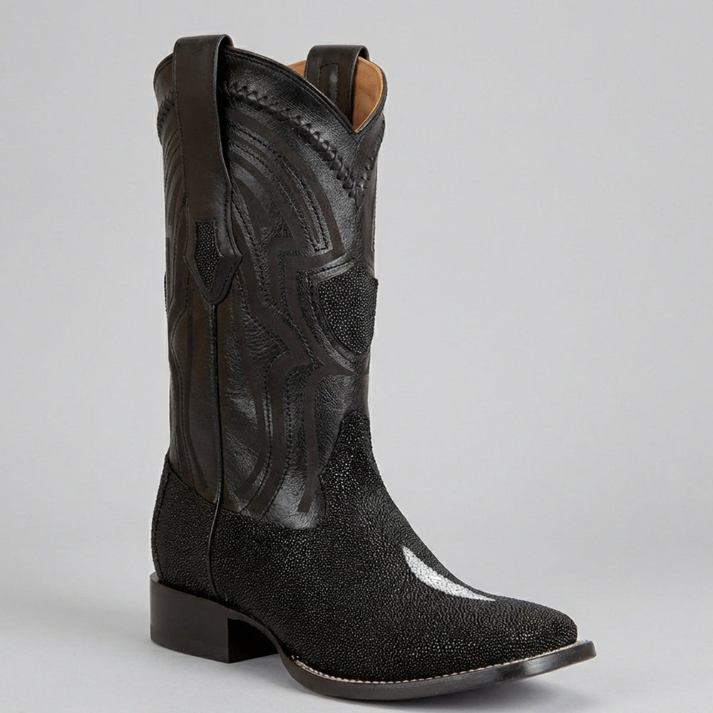 Wild West men's black genuine Stingray leather square toe cowboy boot on a gray background.