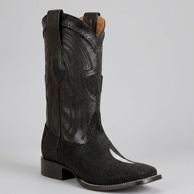 Wild West men's black genuine Stingray leather square toe cowboy boot on a gray background.