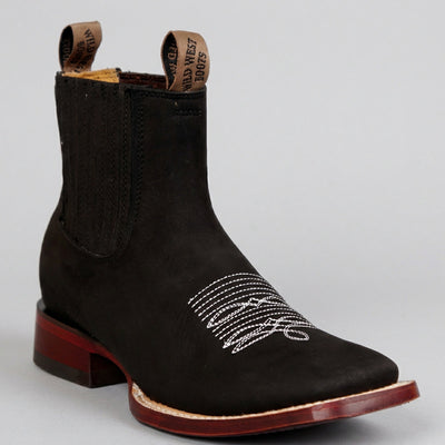 Wild West Men's Nubuck Black Chelsea Cowboy Boots Square Toe - Black
