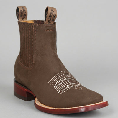 Wild West Men's Nubuck Tobacco Brown Chelsea Western Boots Square Toe - Brown
