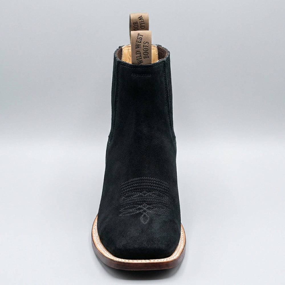 Wild West men's black nubuck leather square toe Chelsea western boot.