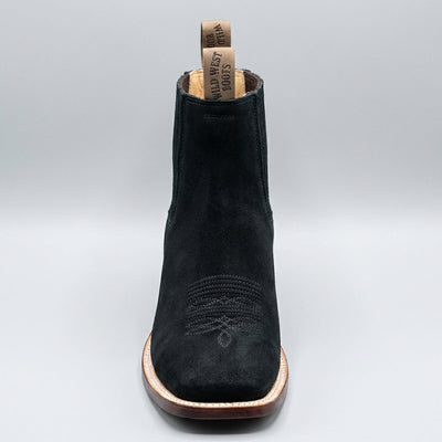 Wild West men's black nubuck leather square toe Chelsea western boot.