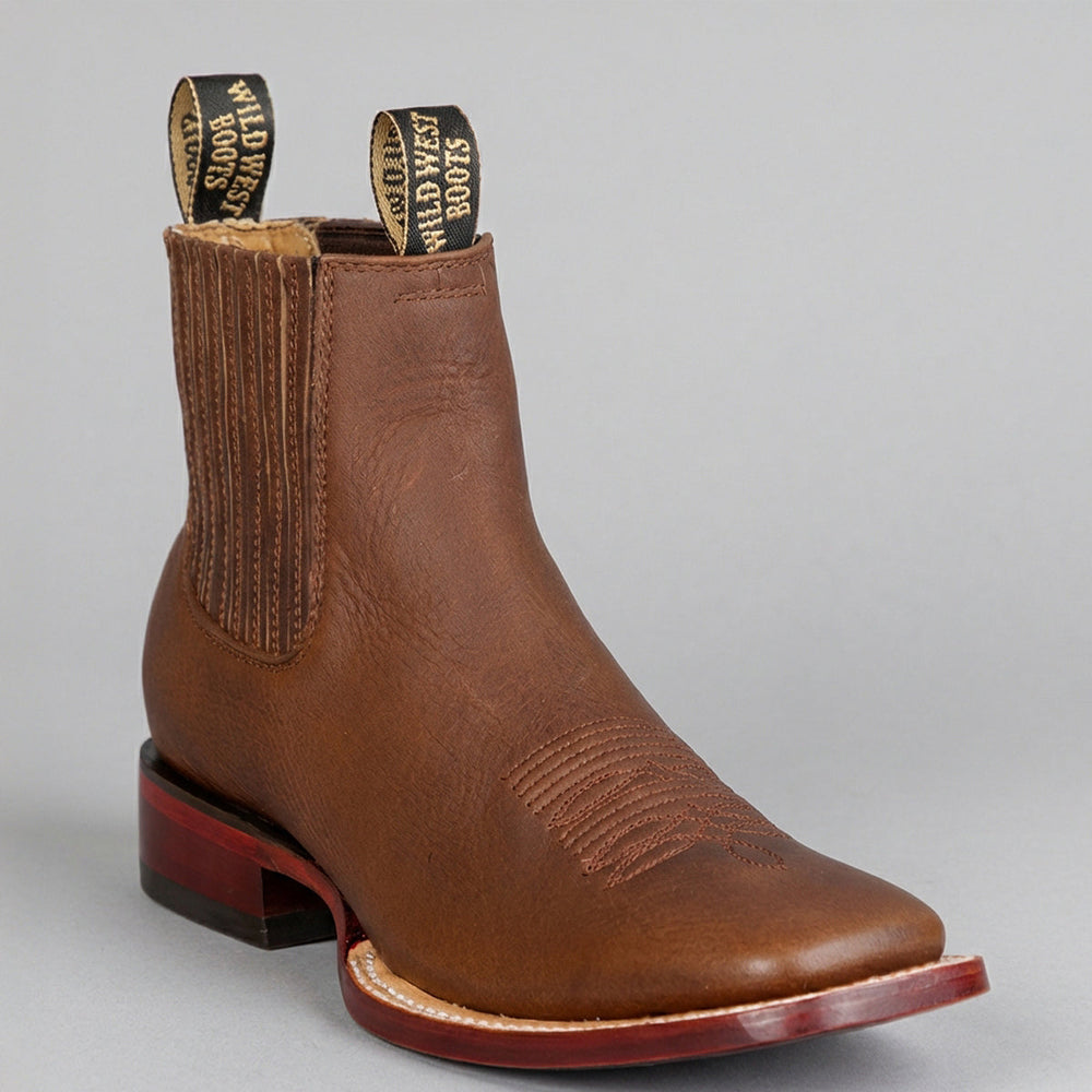 Los Altos men's light brown leather Chelsea square toe western boot on a gray background.