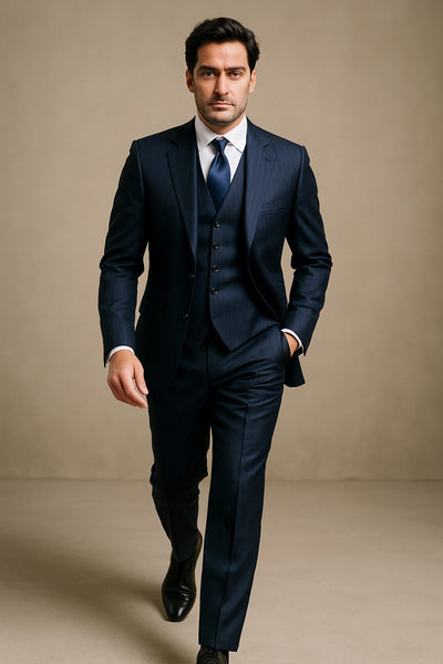 2BV Men's 3 Piece Dark Navy blue Suit For Men Mini Pinstripe ~ Stripe Conservative Italian Design Suit Vested Side Vent Flat Front Pants