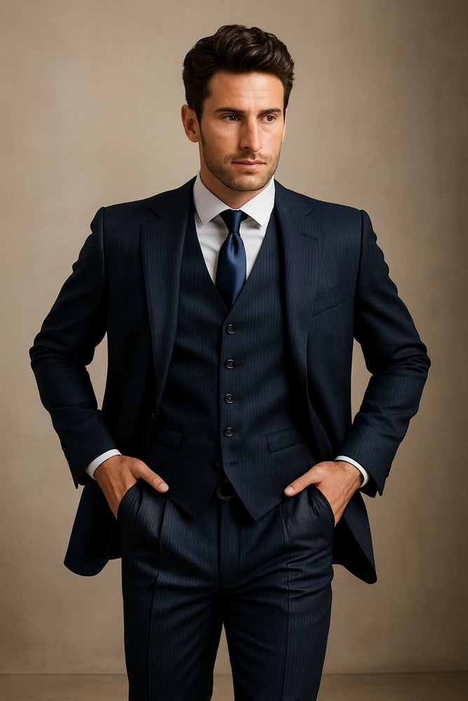 2BV Men's 3 Piece Dark Navy blue Suit For Men Mini Pinstripe ~ Stripe Conservative Italian Design Suit Vested Side Vent Flat Front Pants