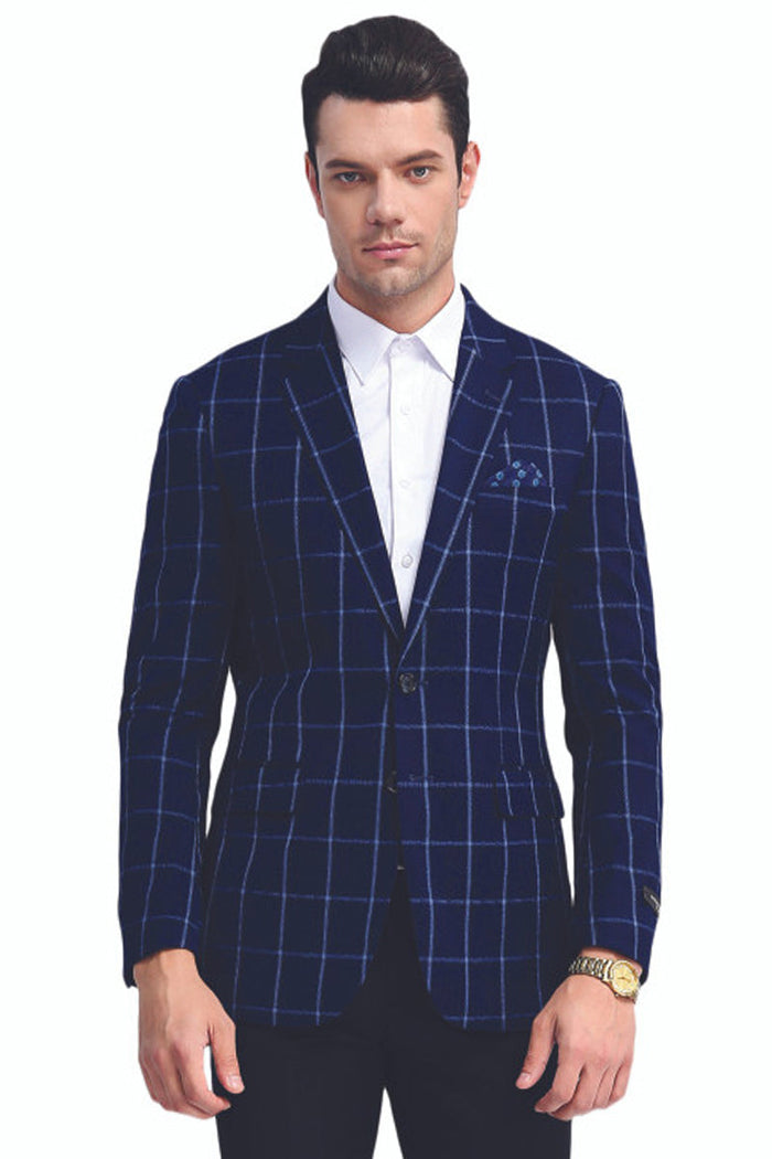 Men's Slim Fit Chalk Windowpane Sport Coat in Navy Blue