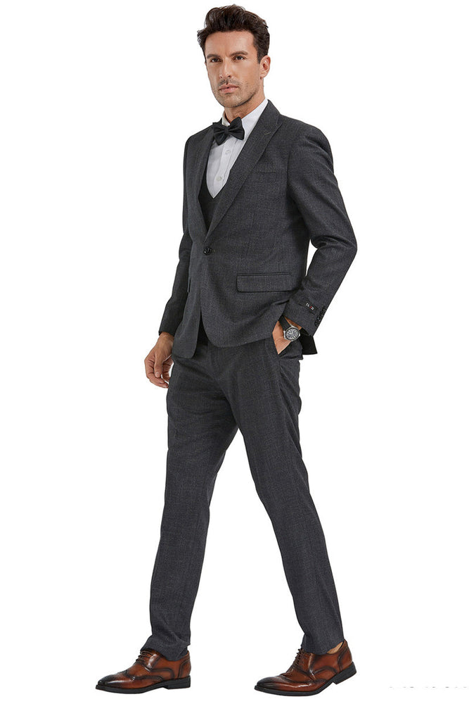 Men's Charcoal Sharkskin Slim Fit Suit with Double Breasted Vest