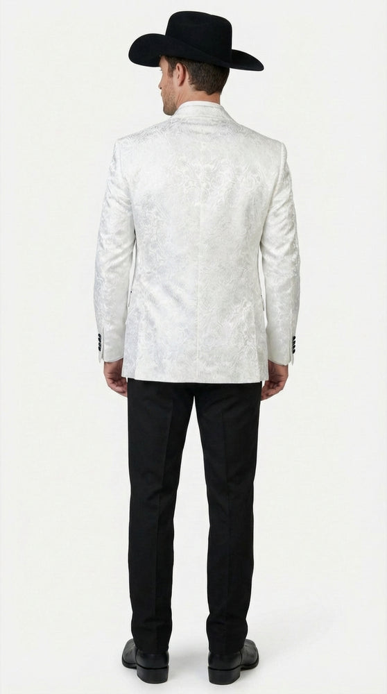 Men’s White Paisley Cowboy Tuxedo with Black Satin Lapel – Western Formal Wedding Suit Jacket