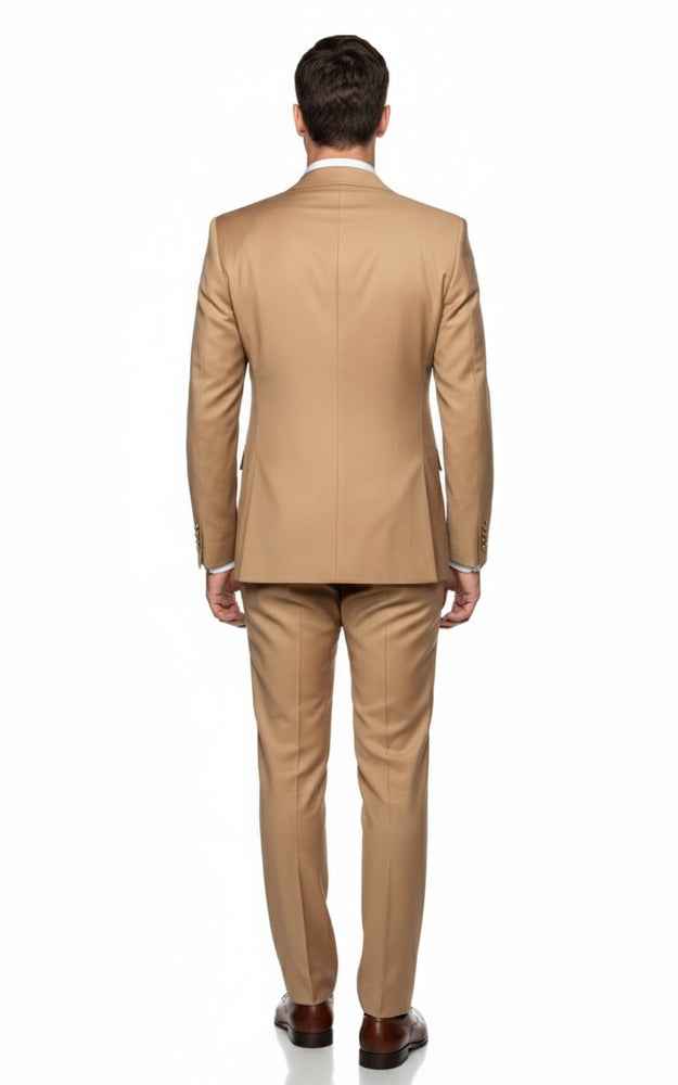 Mens Camel - Bronze - Goldish khaki Double-Breasted Suit – Luxury 2-Piece Formal Set with Gold Buttons and Peak Lapels by Rossi Man