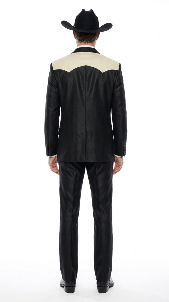 Men's Black Western Suit with White Shoulder Yoke – 2 Piece Cowboy Wedding Suit & Western Blazer with Matching Dress Pants