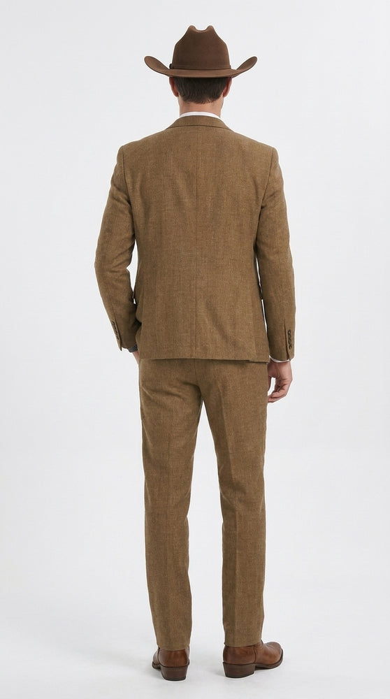 Men’s Light Brown Western 3-Piece Suit – Cowboy Wedding Suit with Vest British Khaki Bronze Color