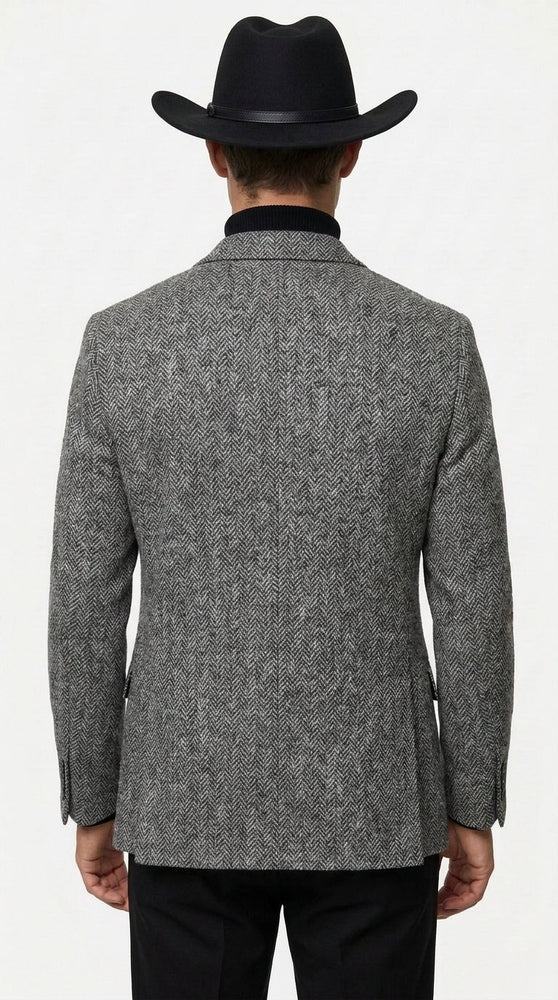 Men’s Grey Herringbone Winter Cowboy Blazer – Western Sport Coat Jacket
