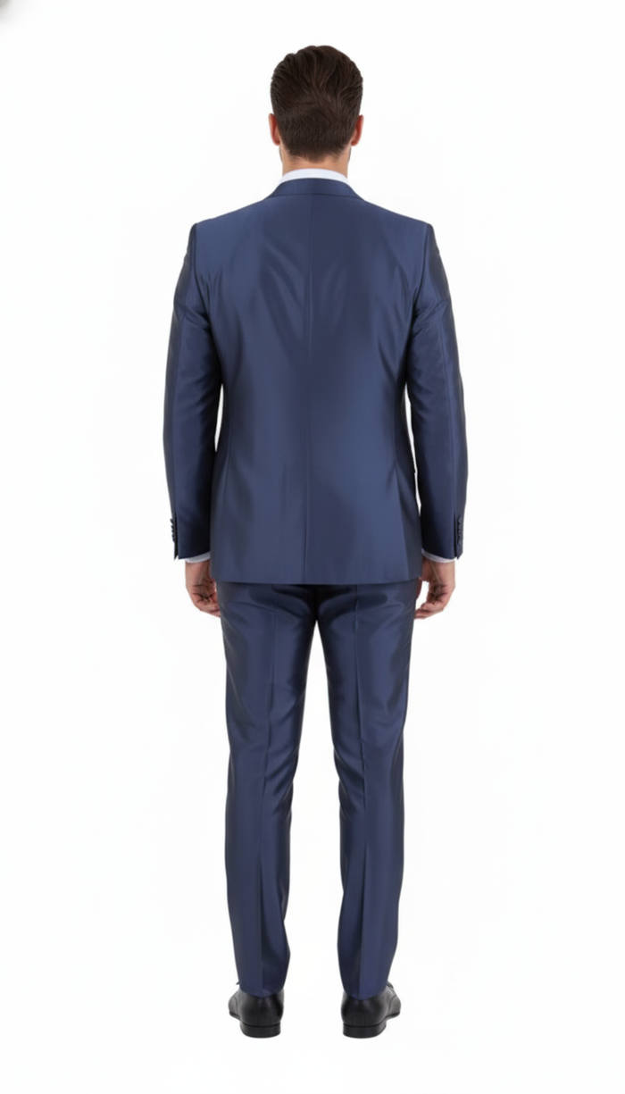 Men’s Navy Blue Shiny Finish 3-Piece Suit Set – Premium Tailored Fit Formal Wedding and Party Sateen Slim Fitted Suit