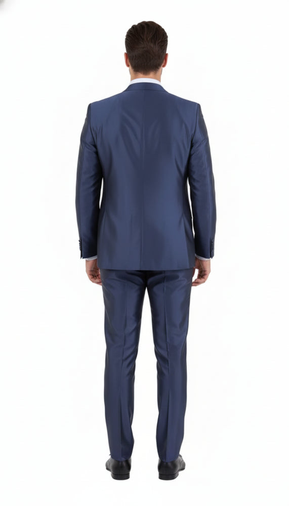 Men’s Navy Blue Shiny Finish 3-Piece Suit Set – Premium Tailored Fit Formal Wedding and Party Sateen Slim Fitted Suit