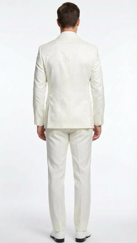 Men’s Ivory Double Breasted Tuxedo Dinner Jacket – Textured Blazer Paisley Texture Pattern in Off White Cream Color + Bowtie