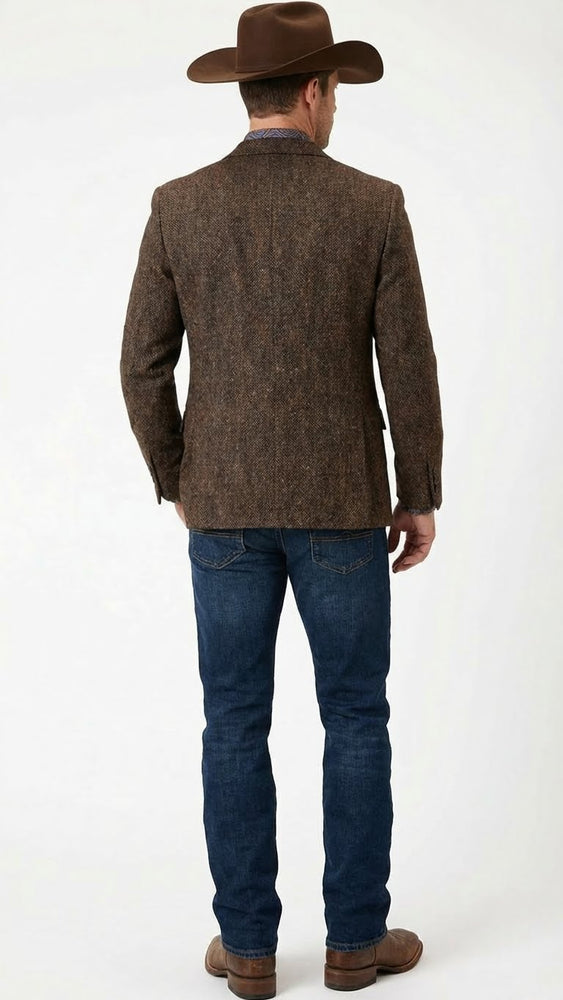 Men’s Brown Western Tweed Herringbone Blazer Jacket – Classic Cowboy Style Sport Coat for Wedding Party
