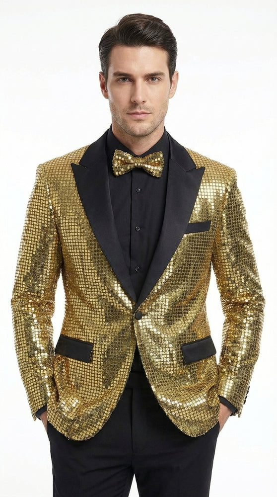 Mens Gold Sequin Blazer with Black Satin Lapel – Gold Formal Party Blazer Jacket for Prom, Wedding and Stage Events