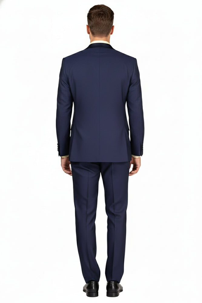 Men’s Navy Blue Double-Breasted Tuxedo with navy Satin Peak Lapel Wedding Suit