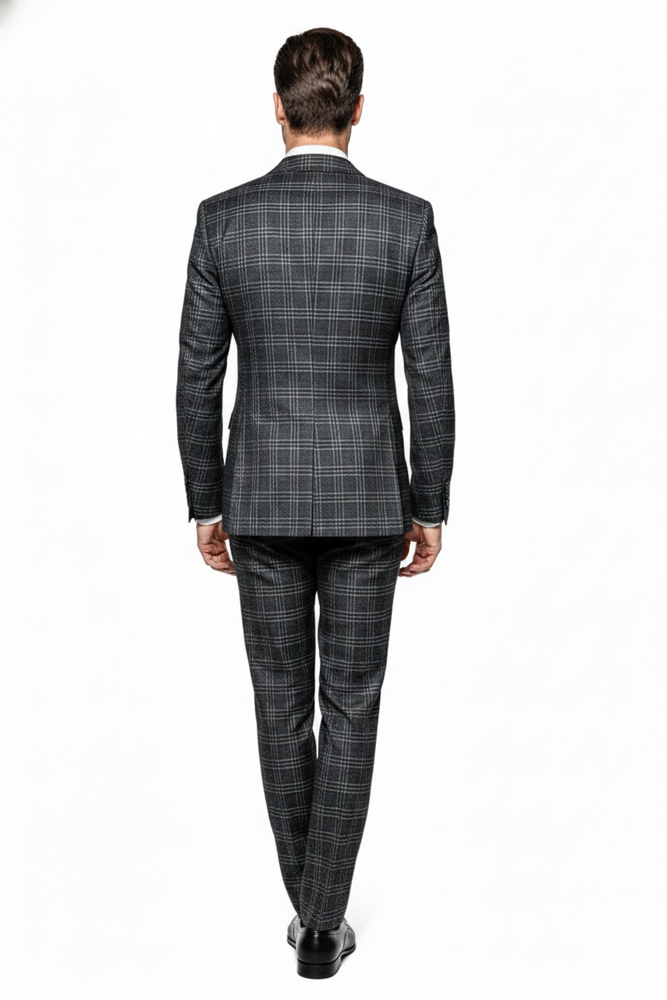 Men’s Charcoal Plaid Double-Breasted Suits –  Tailored Pants Windowpane Pattern By Rossiman