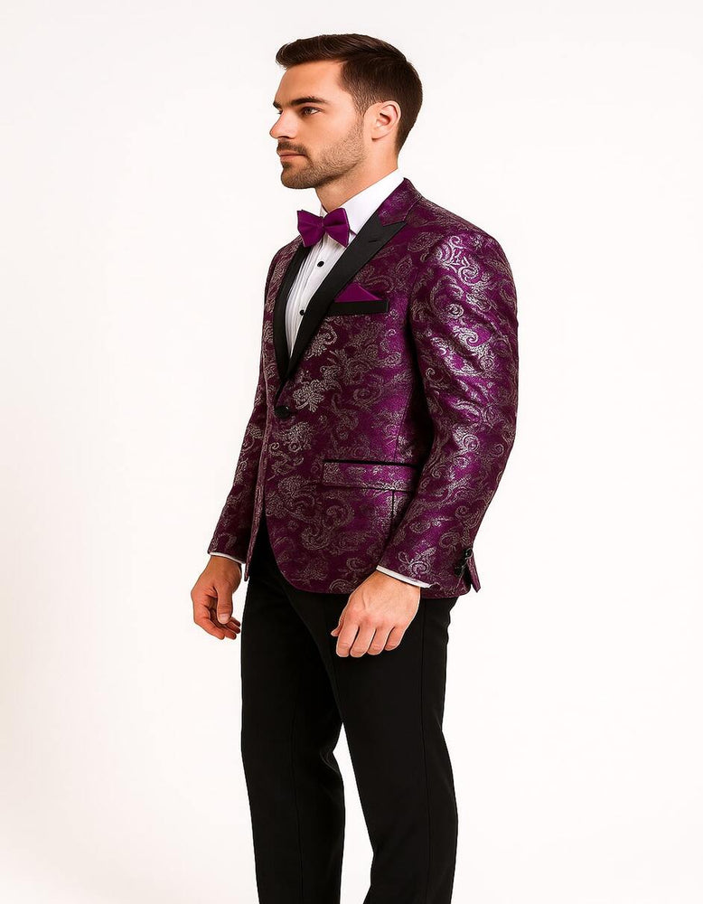 Men's Pinkish ~ Purple Paisley Tuxedo Jacket with Black Satin Lapel – Formal Prom and Wedding Blazer in Meganta Color