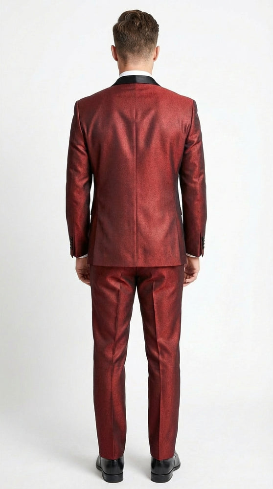 Men’s Shiny Burgundy Satin Tuxedo Jacket with Black Shawl Lapel | Formal Wedding & Prom Blazer - Sharkskin Fabric