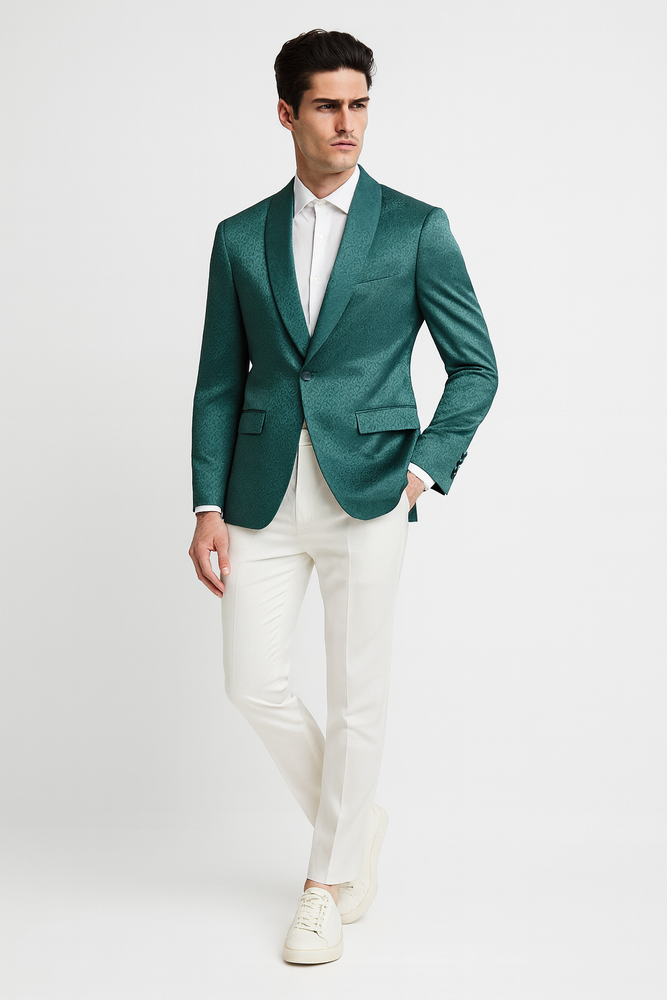 Men’s Teal Green Floral Jacquard Blazer – Slim Fit Tuxedo Jacket for Weddings, Proms, and Parties