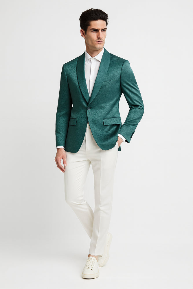 Men’s Teal Green Floral Jacquard Blazer – Slim Fit Tuxedo Jacket for Weddings, Proms, and Parties