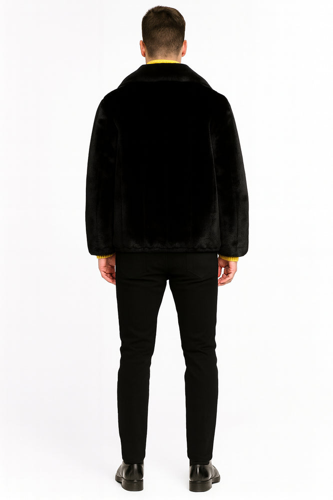 Men’s Black Faux Fur Jacket – Luxury Winter Zip-Up Coat with Soft Plush Finish