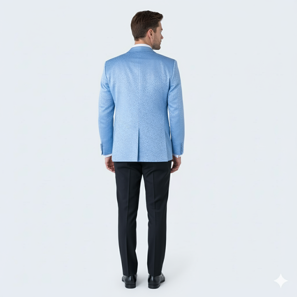 Men’s Light Blue Paisley Tuxedo Jacket – Elegant Satin Shawl Lapel Dinner Blazer for Weddings, Proms in Sky Powder Blue Color Bowtie