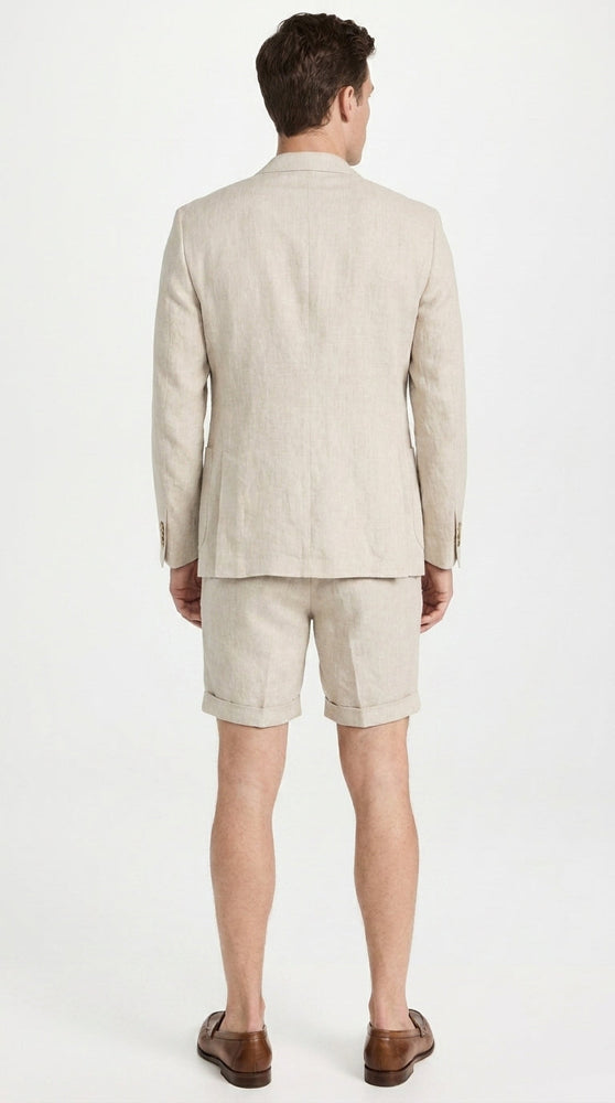 Men’s Tan Linen Suit with Shorts, 2 Piece Summer Short Suit, Casual Beach Wedding Outfit