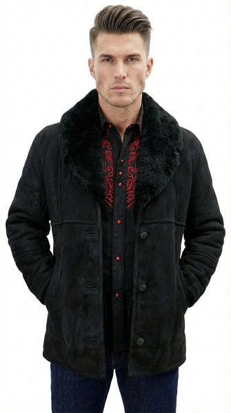 Men’s Black Sheepskin Leather Jacket Cowboy – Warm Faux Fur Collar Coat, Winter Long Jacket, Casual Western Style Outerwear