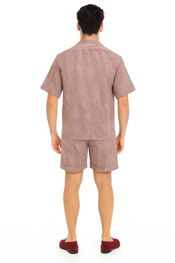 Men’s Burgundy Reddish Seersucker Short Set Walking Suit – Two-Piece Cuffed Shorts with Expandable Waist