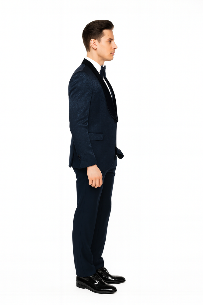 Men’s Navy Blue Jacquard Tuxedo with Black Velvet Shawl Lapel – 3 Piece Formal Suit with Bow Tie