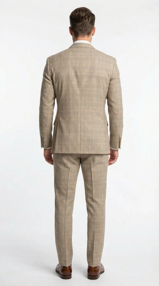 Vinci Men’s Beige Plaid Double Breasted Suit – Classic Checkered Formal Suit Set in Tan Color Windowpane Checkered Pattern
