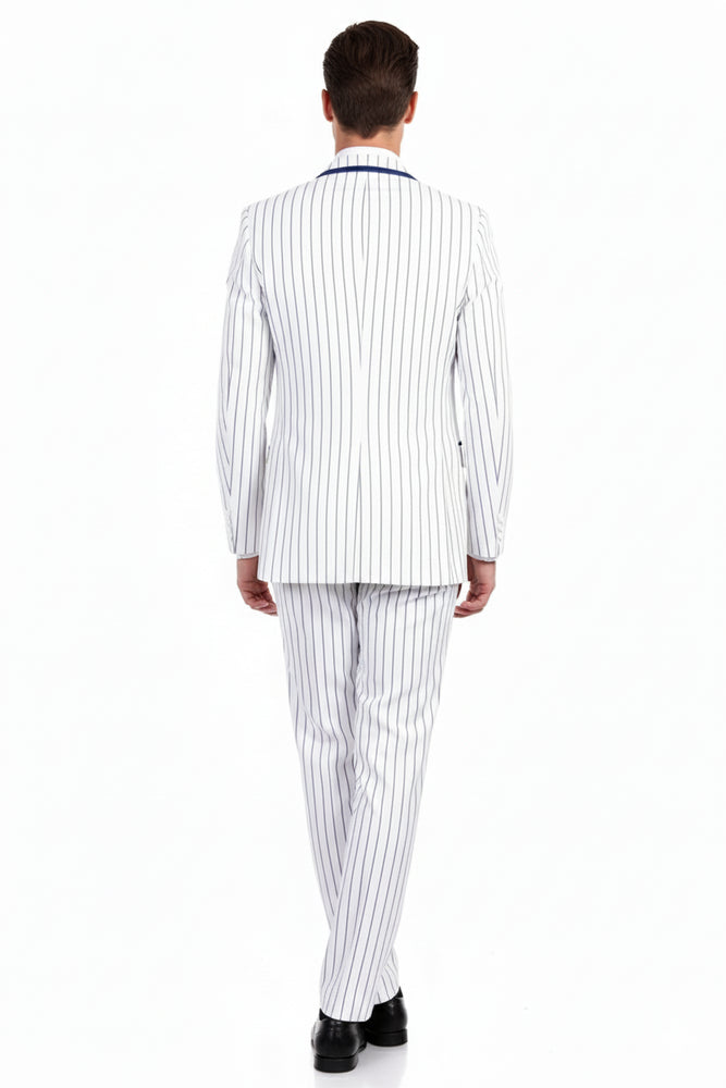Men’s White and Royal Blue Pinstripe 3-Piece Suit – Classic Fit Blazer with Vest, Pants, and Tie