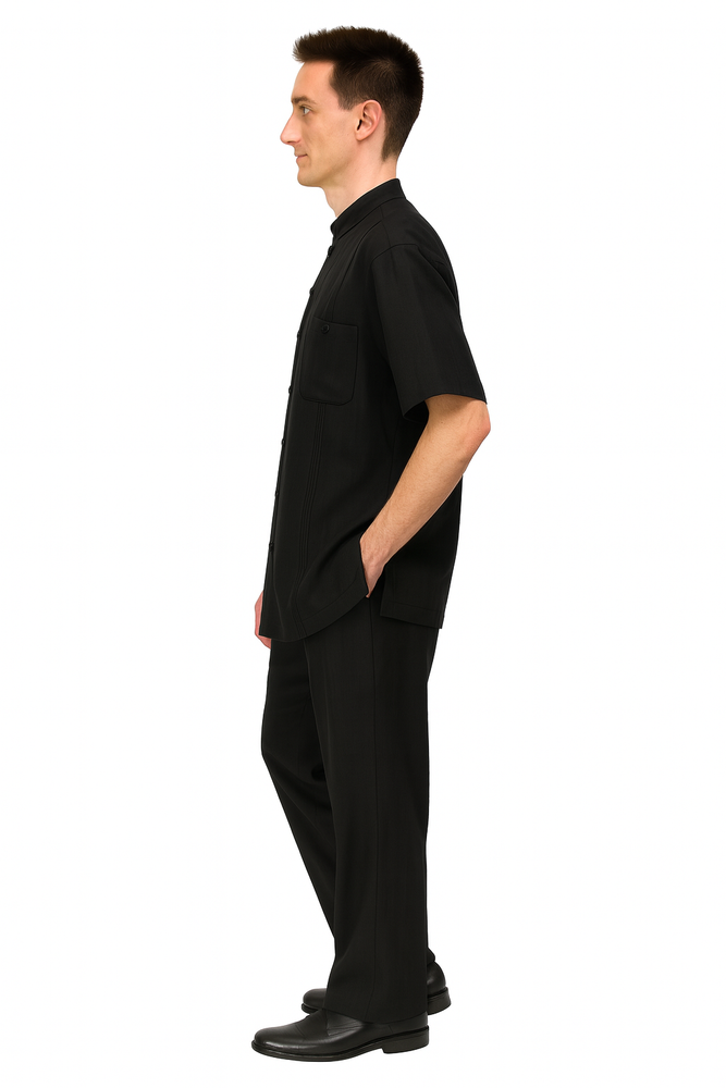 Men’s Black Banded Collar Walking Suit – Short Sleeve Shirt and Matching Pants Banded Collar Linen Fabric