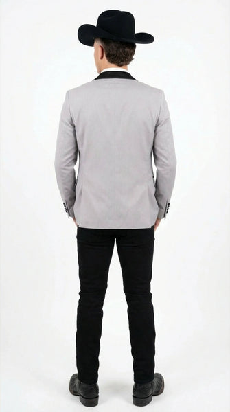 Men’s Light Gray Cowboy Tuxedo with Black Satin Lapel – Western Formal Suit with Double Breasted Vest