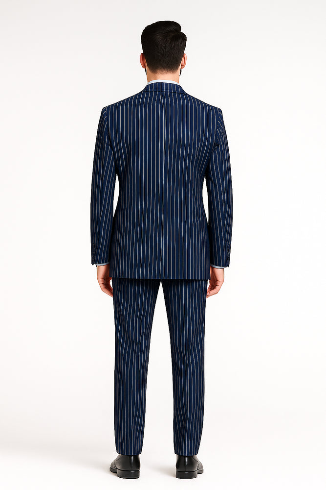 Men’s Royal Blue Pinstripe Double-Breasted Suit – 6-Button Classic Vintage Gangster Style in Indigo Cobalt Blue Pinstripe Color