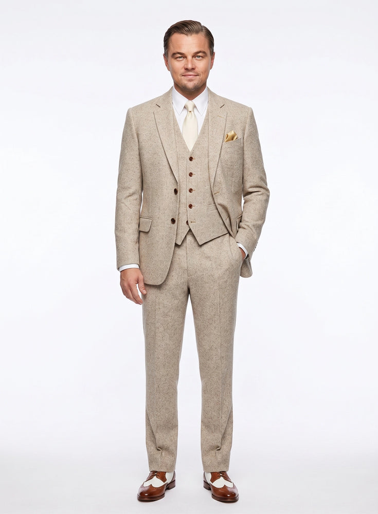 Men’s Light Tan Tweed Great Gatsby 3 Piece Suit – Vintage Vested Wedding Suit, 1920s Classic Formal Outfit Herringbone