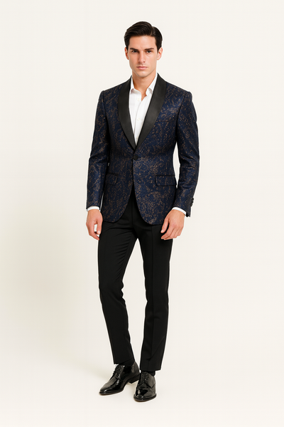 Men’s Navy Blue Sequin Tuxedo Jacket with Black Satin Shawl Lapel – Luxury Prom and Wedding Blazer