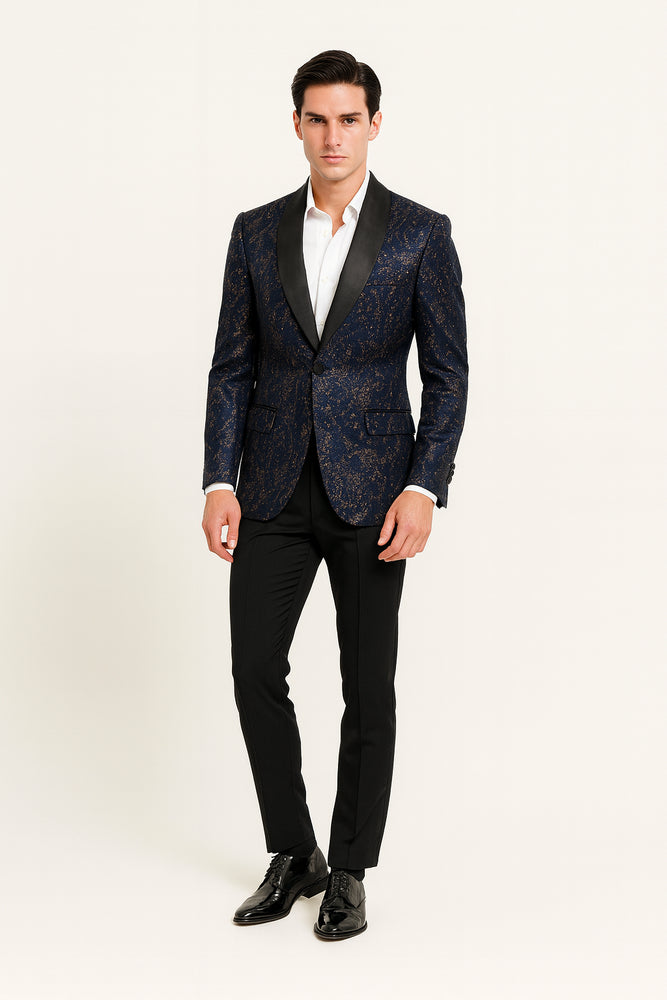 Men’s Navy Blue Sequin Tuxedo Jacket with Black Satin Shawl Lapel – Luxury Prom and Wedding Blazer