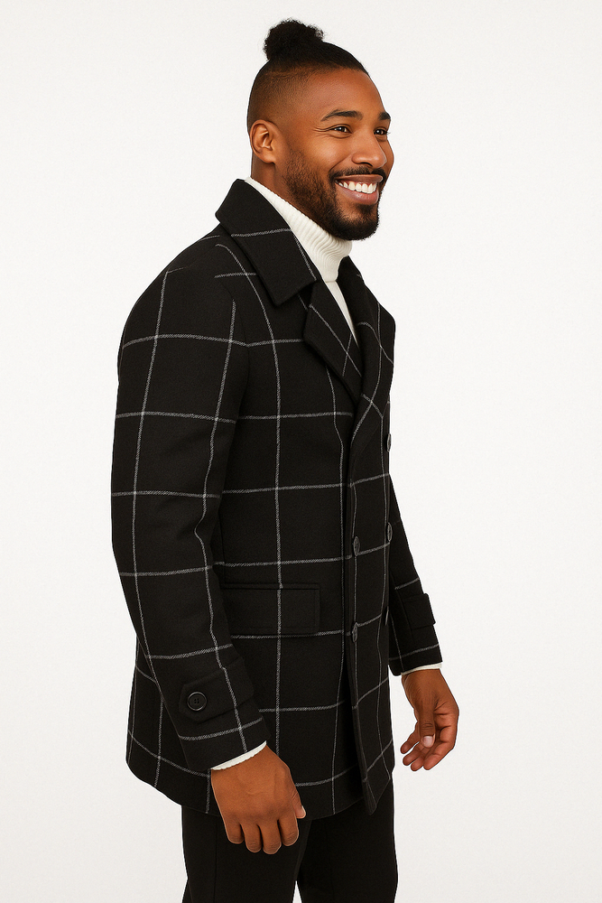 Black Plaid Overcoat - Topcoat With WindowPane Pattern Double Breasted Style