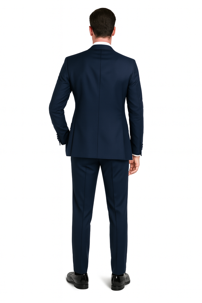 Men’s Navy Blue Tuxedo with Satin Peak Lapel with navy sateen  – 3 Piece Formal Suit with Vest and Bow Tie
