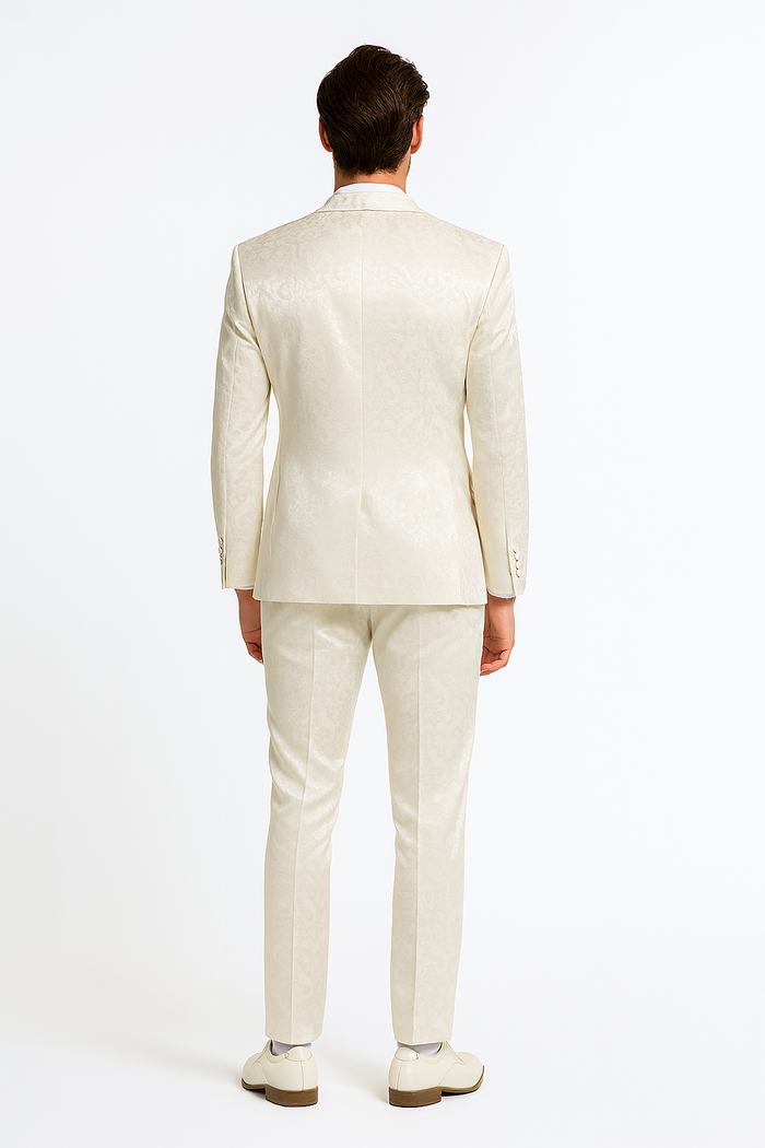 Men’s Champaign Ivory  Jacquard Paisley Tuxedo Suit with Satin Shawl Lapel – Elegant Wedding and Prom Outfit By Rossiman