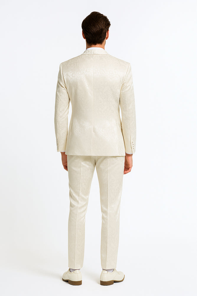 Men’s Champaign Ivory  Jacquard Paisley Tuxedo Suit with Satin Shawl Lapel – Elegant Wedding and Prom Outfit By Rossiman