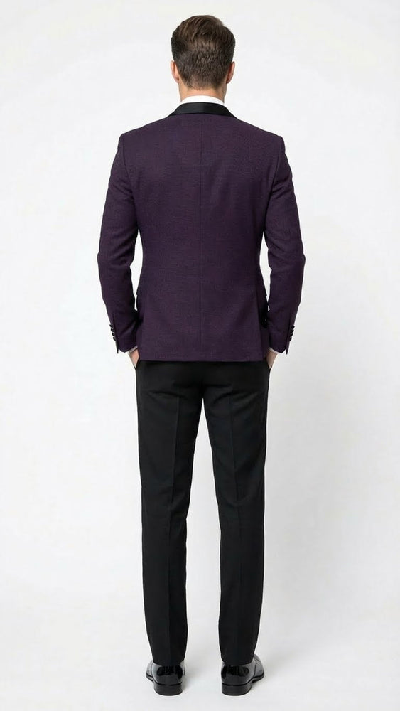 Men’s Eggplant Plum Purple Tuxedo Blazer with Satin Lapel, White Tuxedo Shirt and Matching Purple Bow Tie - Slim Fitted - Prom wedding Suit With Pants