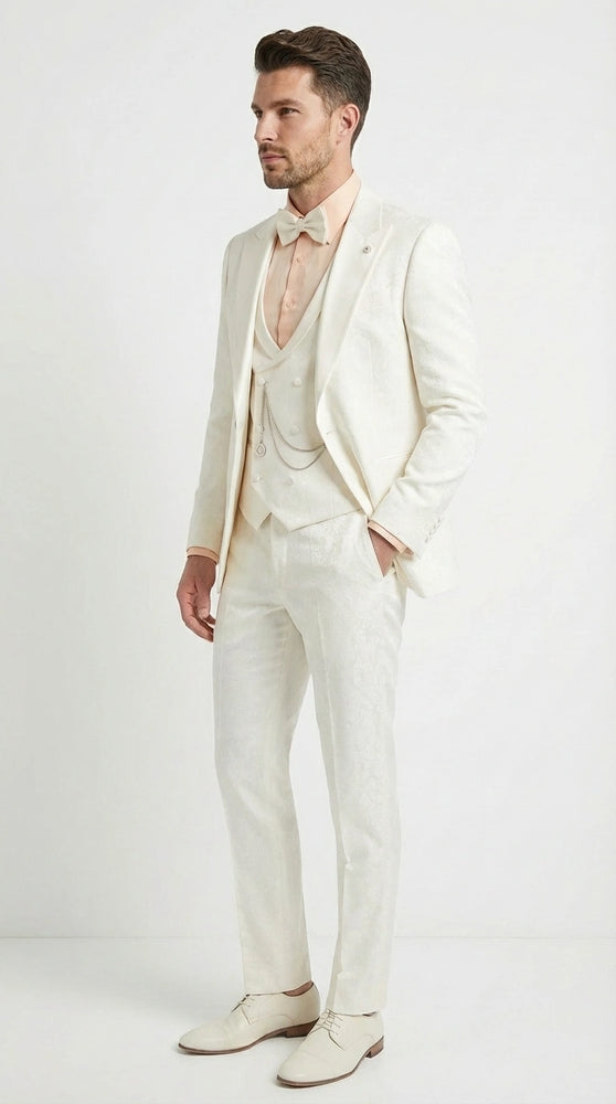 Vinci Men’s Ivory Three Piece Suit – Ivory 3PC Formal Wedding Suit for Groom, Prom and Black Tie Events