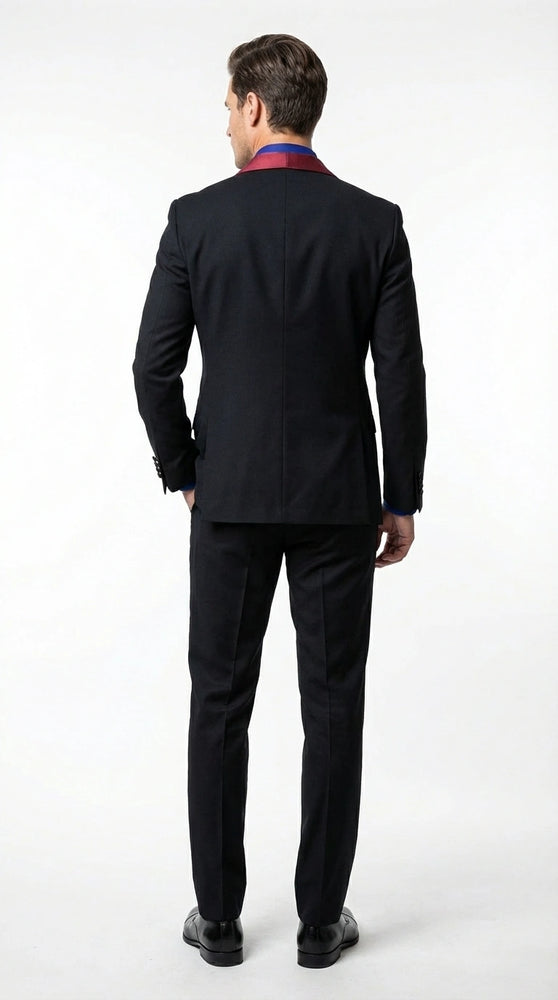 Men’s Black Suit with Burgundy Shawl Lapel –  Formal Tuxedo Suit for Wedding, Prom and Evening Events + Bowtie & Tie
