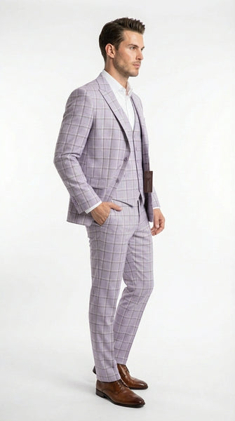 Men’s Lilac Lavender Windowpane Check 3 Piece Suit – Lilac Plaid Formal Suit with Vest for Wedding, Prom and Business Events