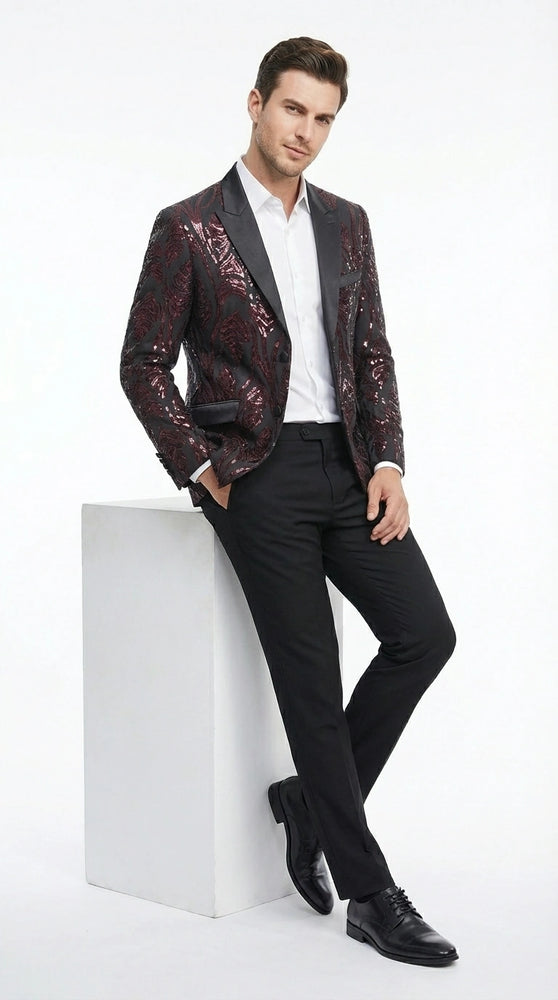 Men’s Black and Burgundy Sequin Blazer – Black Sparkle Sequin Party Blazer with Burgundy Pattern for Prom, Wedding Slim Fitted